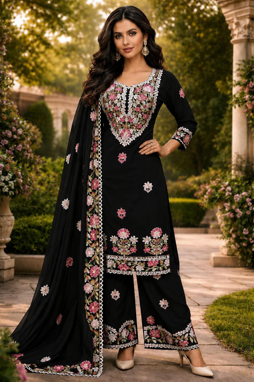 Women's 3-Piece Kashmiri Kurta Set with Palazzo & Dupatta