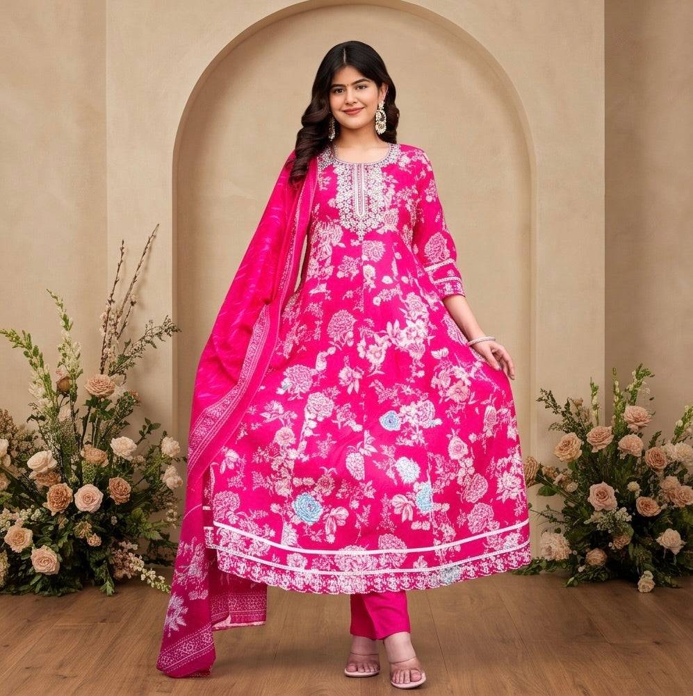 Women's 3-Piece Frock Kurta Set with Palazzo & Dupatta