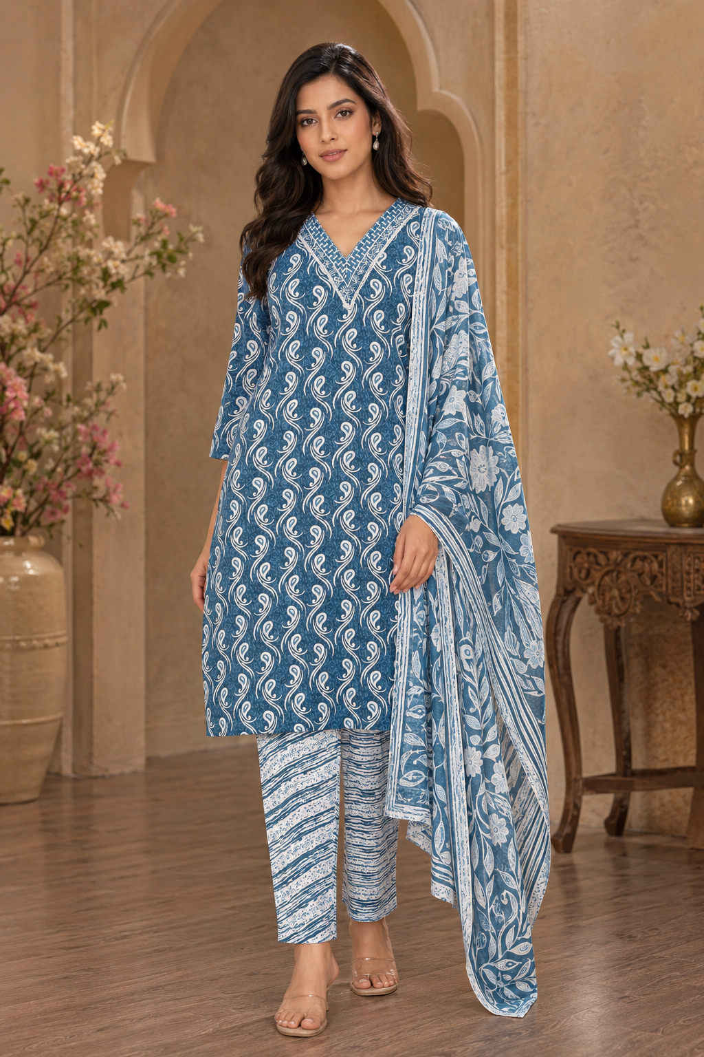 Women's 3-Piece Kurta Set with Palazzo & Dupatta