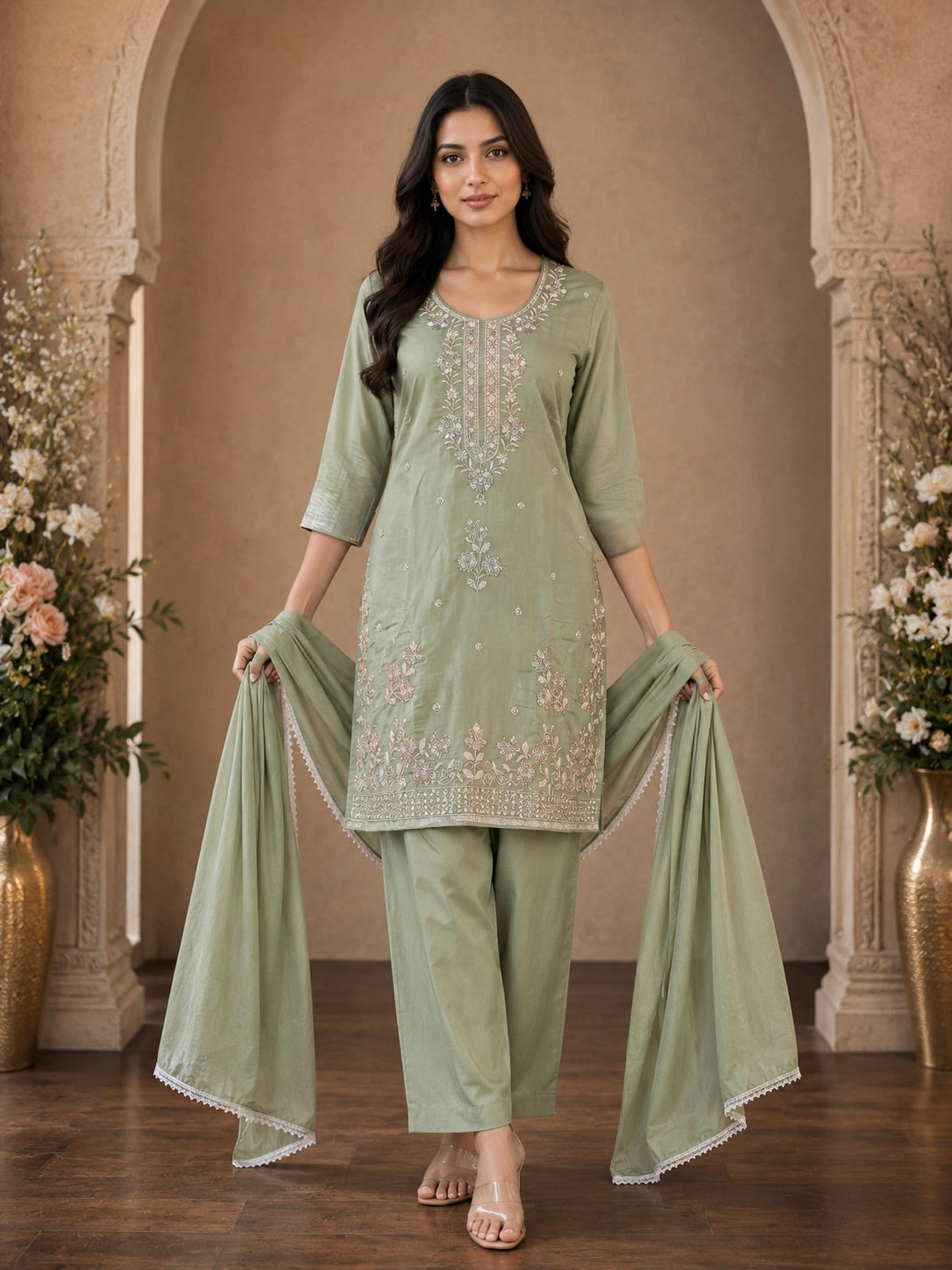 Women's 3-Piece Kurta Set with Palazzo & Dupatta