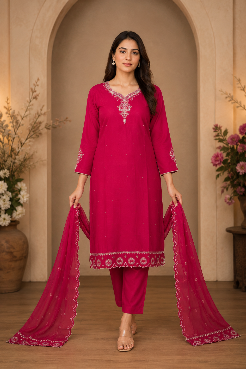 Women's 3-Piece Kurta Set with Palazzo & Dupatta
