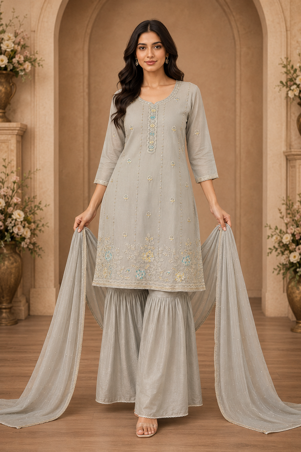Women's 3-Piece Kurta Set with Sharara & Dupatta