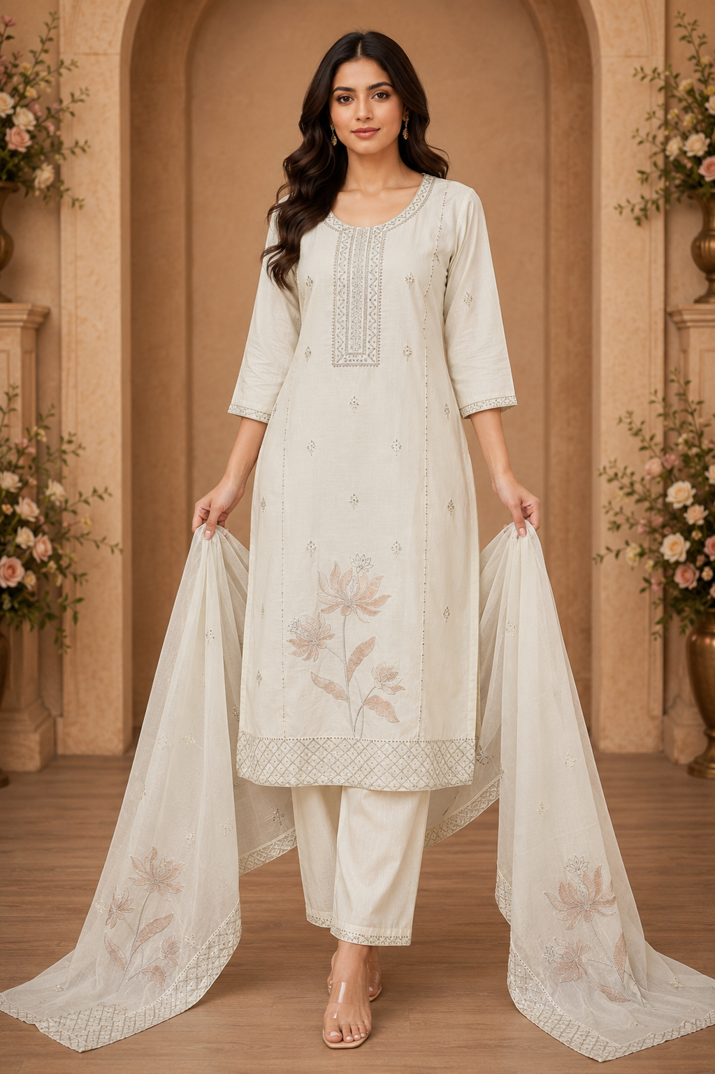 Women's 3-Piece Kurta Set with Palazzo & Dupatta