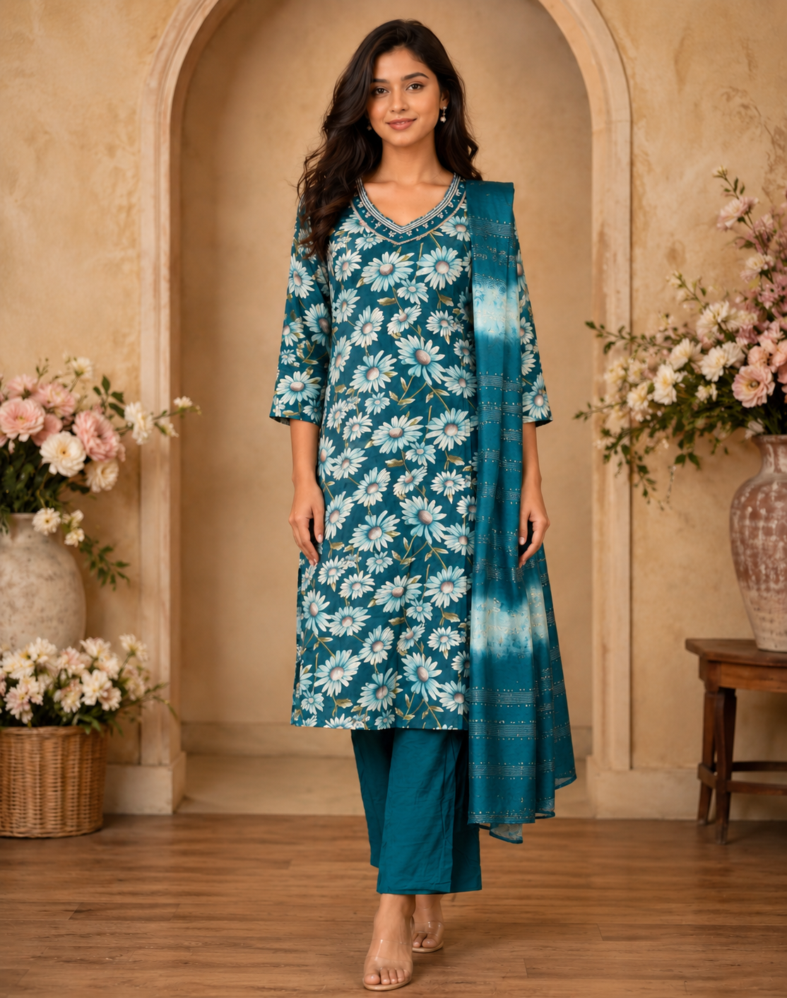 Women's 3-Piece Kurta Set with Palazzo & Dupatta