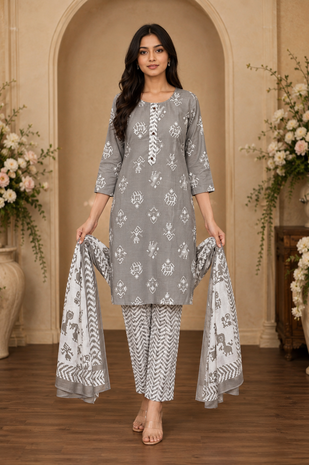 Women's 3-Piece Kurta Set with Palazzo & Dupatta
