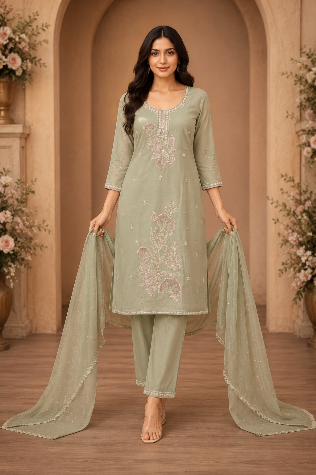 Women's 3-Piece Kurta Set with Palazzo & Dupatta