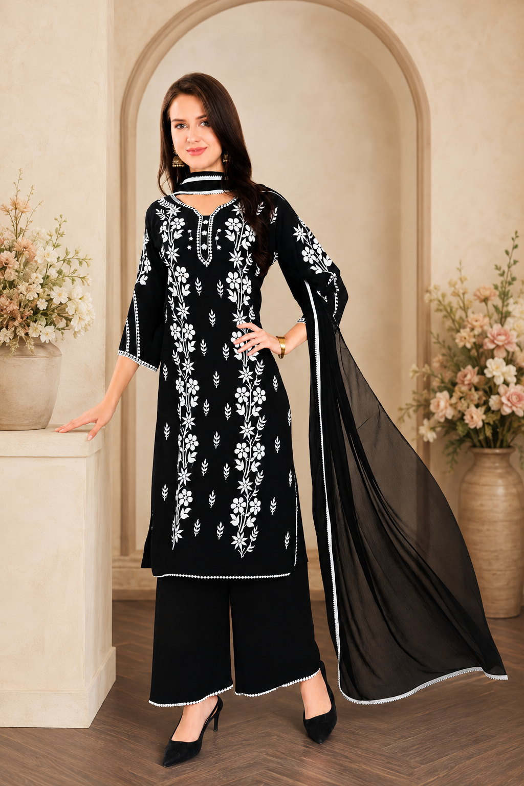 Women's 3-Piece Kurta Set with Palazzo & Dupatta