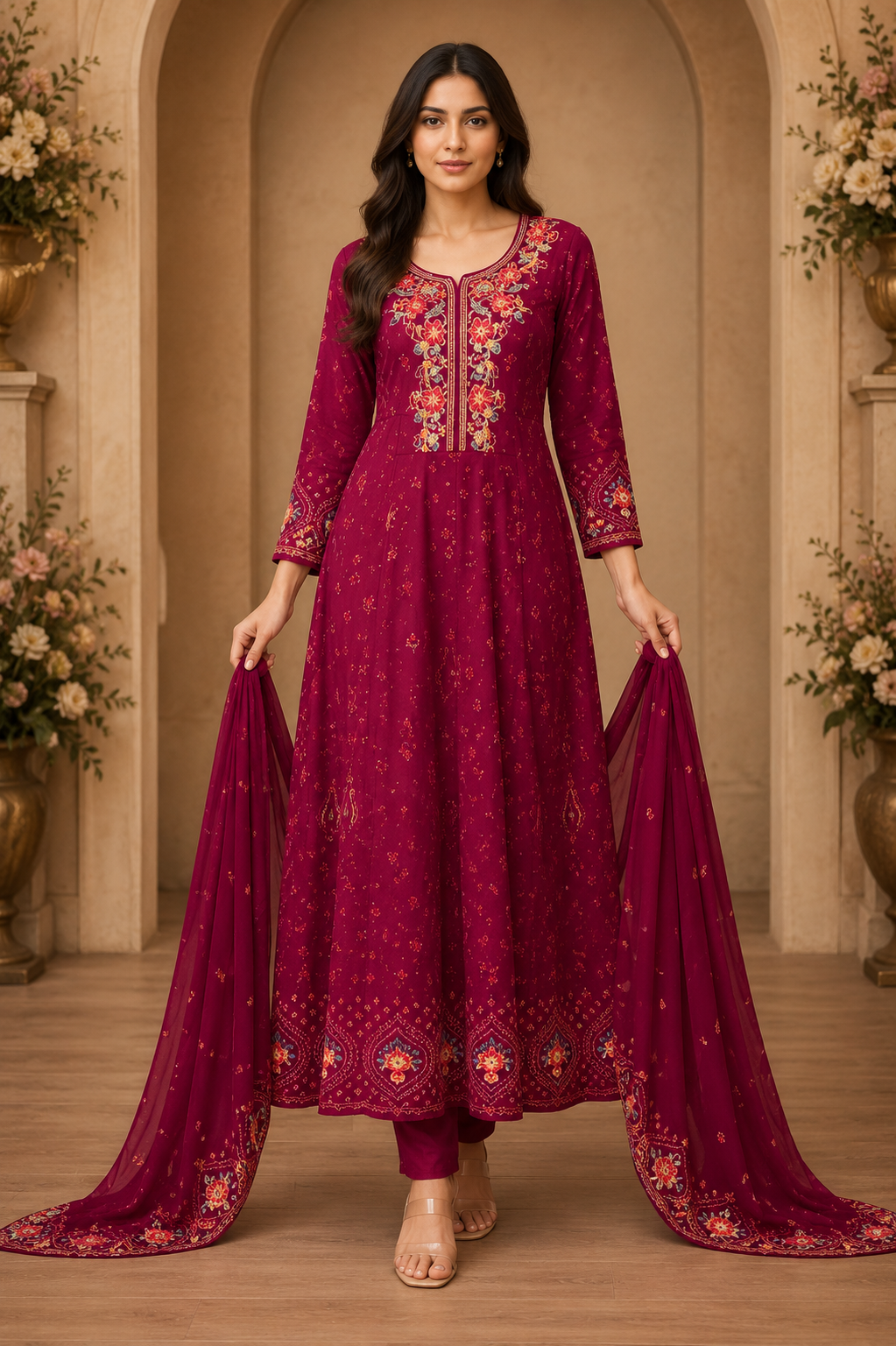 Women's 3-Piece Frock Kurta Set with Palazzo & Dupatta