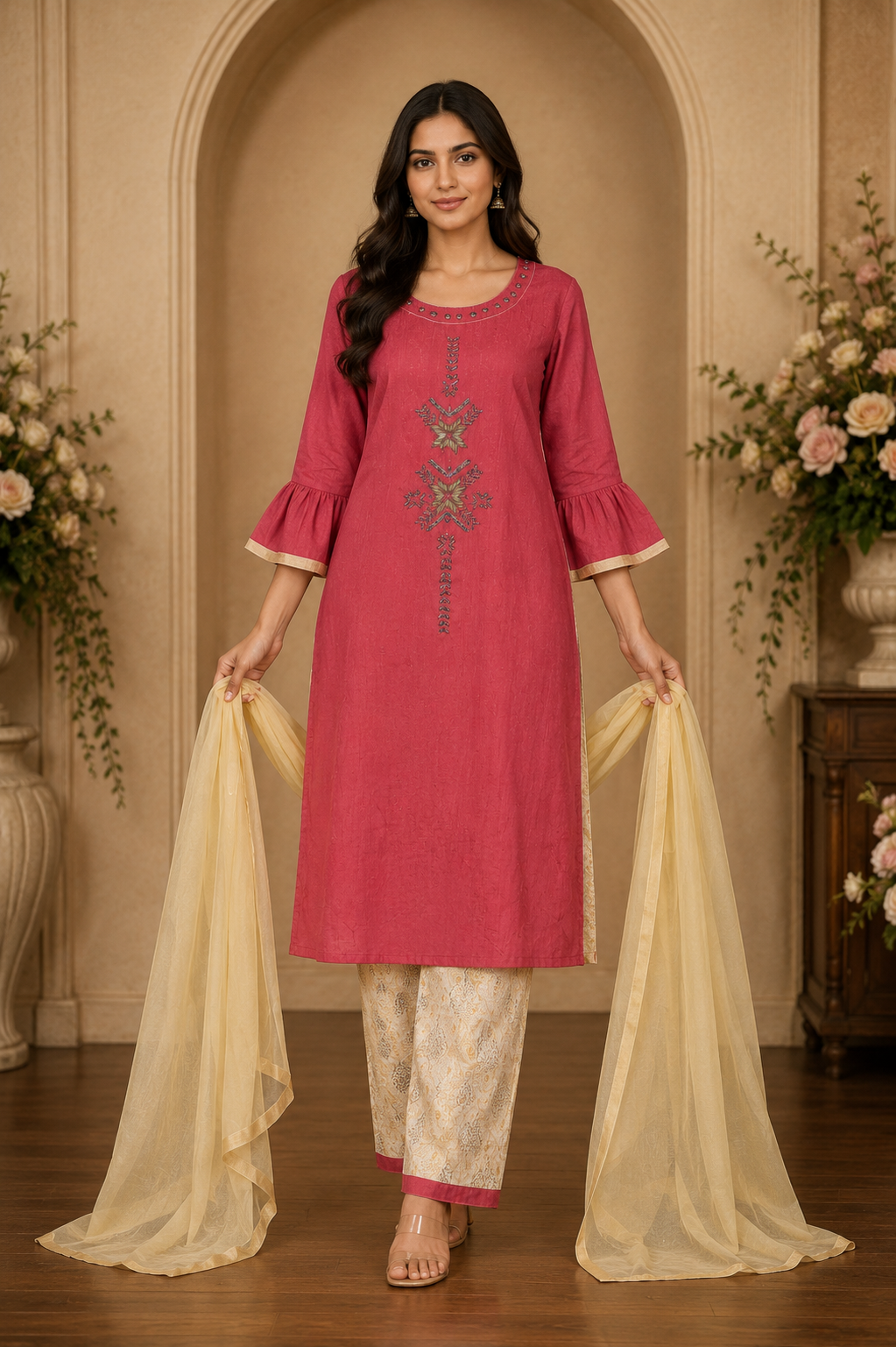 Women's 3-Piece Kurta Set with Palazzo & Dupatta