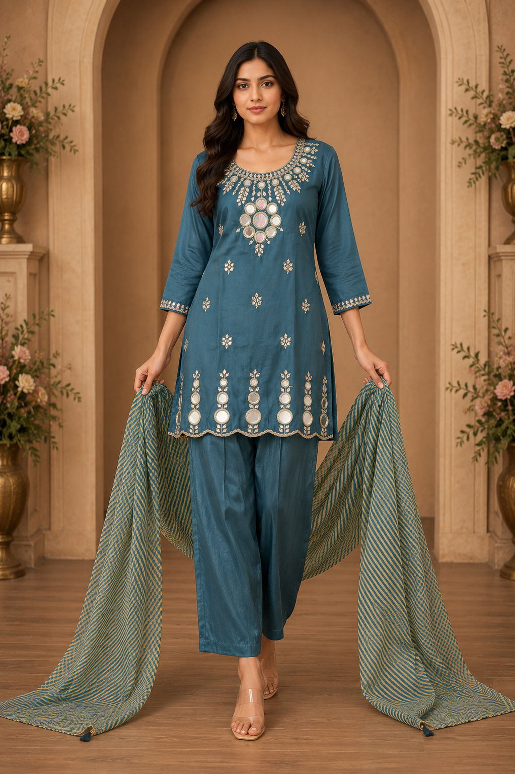 Women's 3-Piece Kurta Set with Palazzo & Dupatta