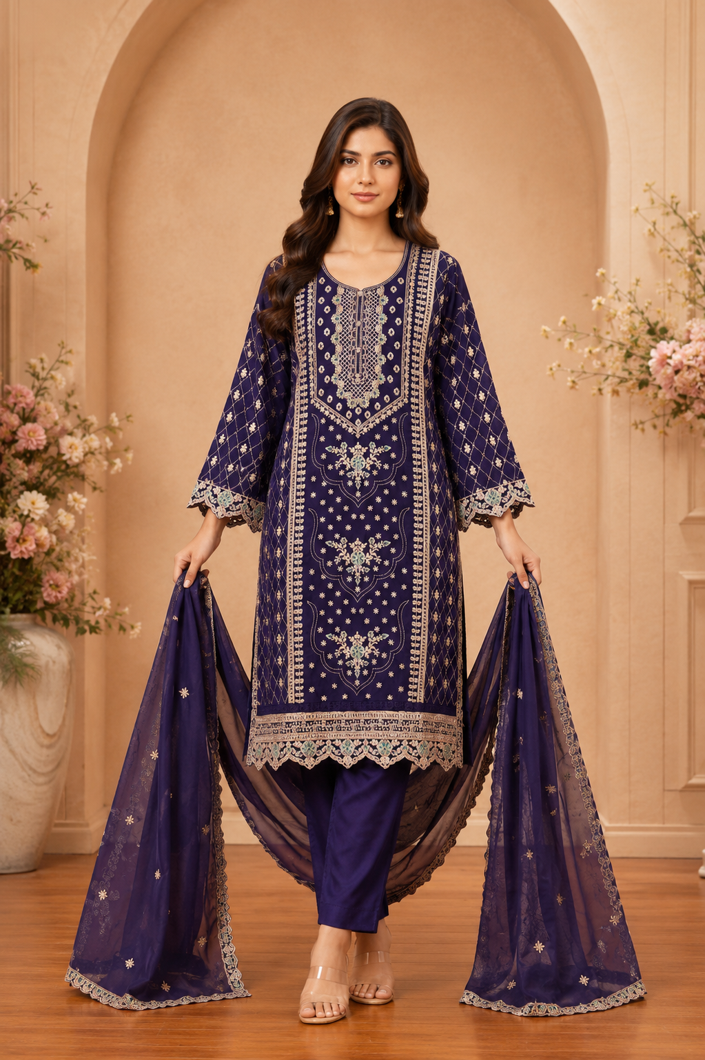 Women's 3-Piece Kurta Set with Palazzo & Dupatta