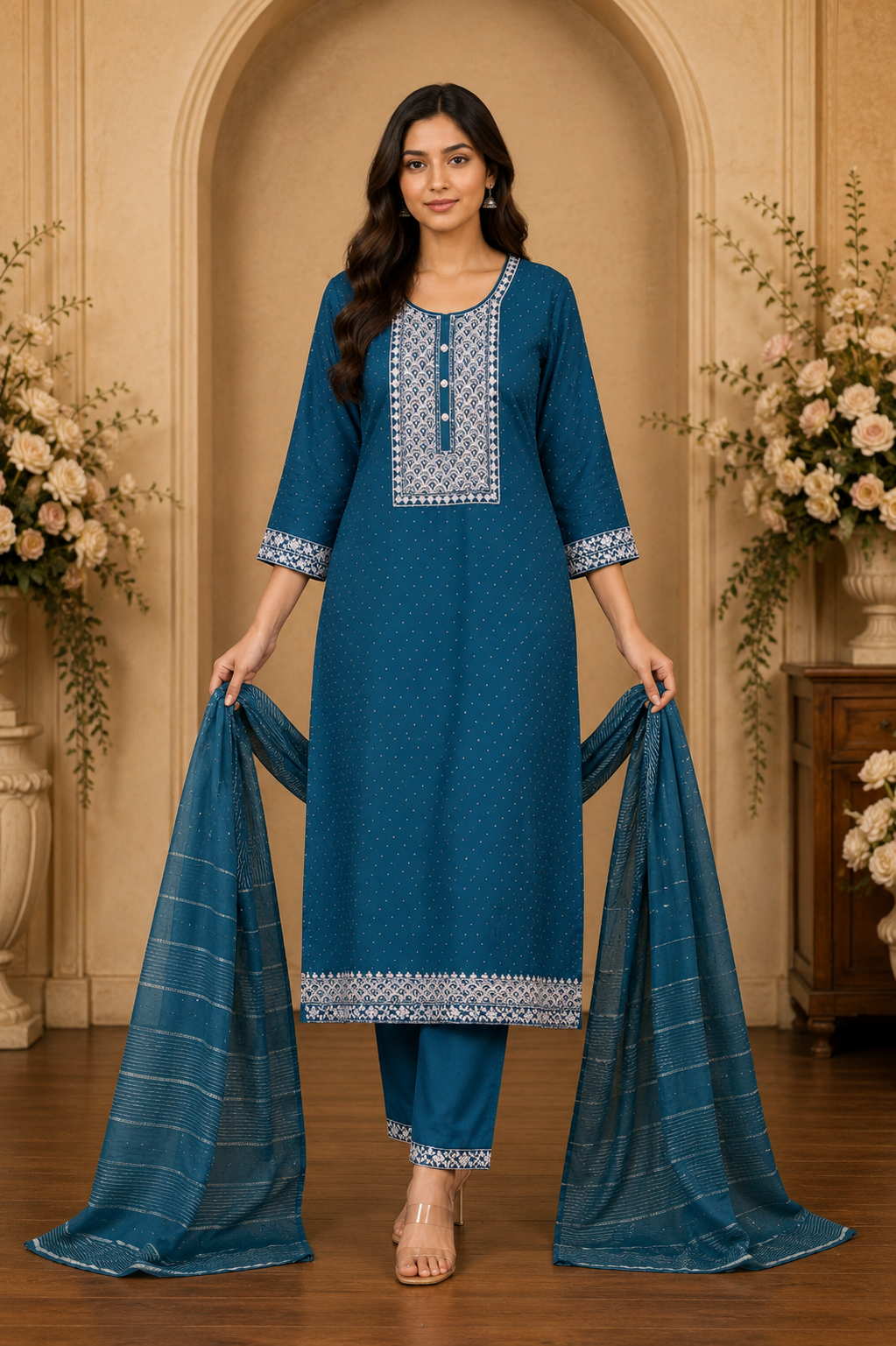 Women's 3-Piece Kurta Set with Palazzo & Dupatta