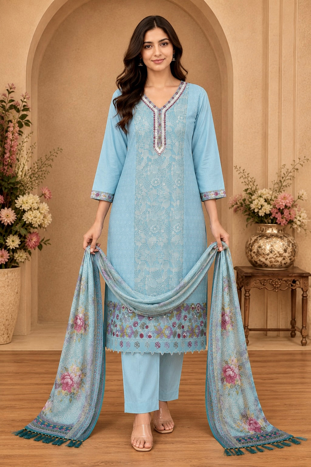 Women's 3-Piece Kurta Set with Palazzo & Dupatta