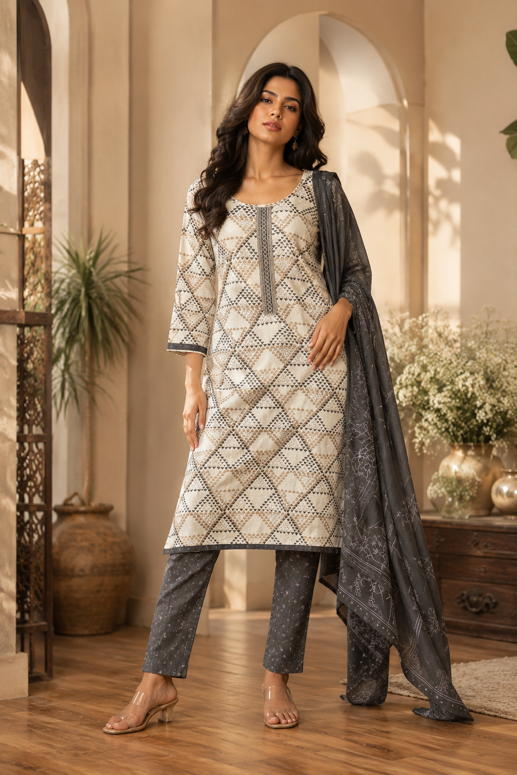 Women's 3-Piece Kurta Set with Palazzo & Dupatta