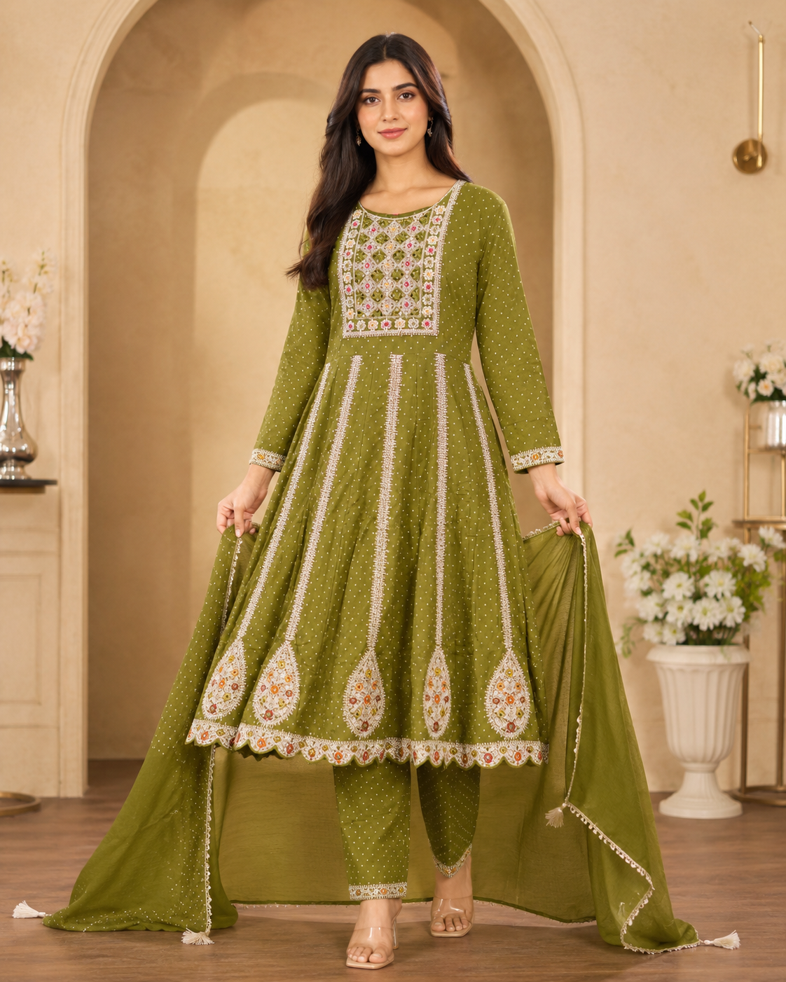 Women's 3-Piece Frock Kurta Set with Palazzo & Dupatta