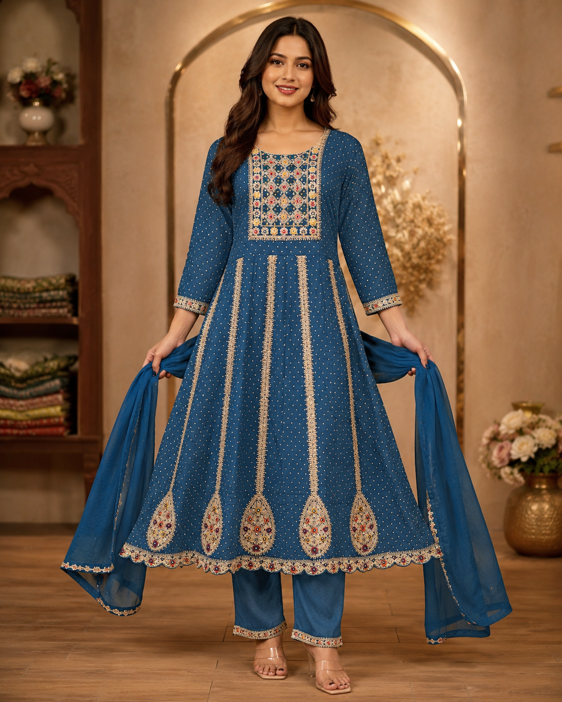 Women's 3-Piece Frock Kurta Set with Palazzo & Dupatta