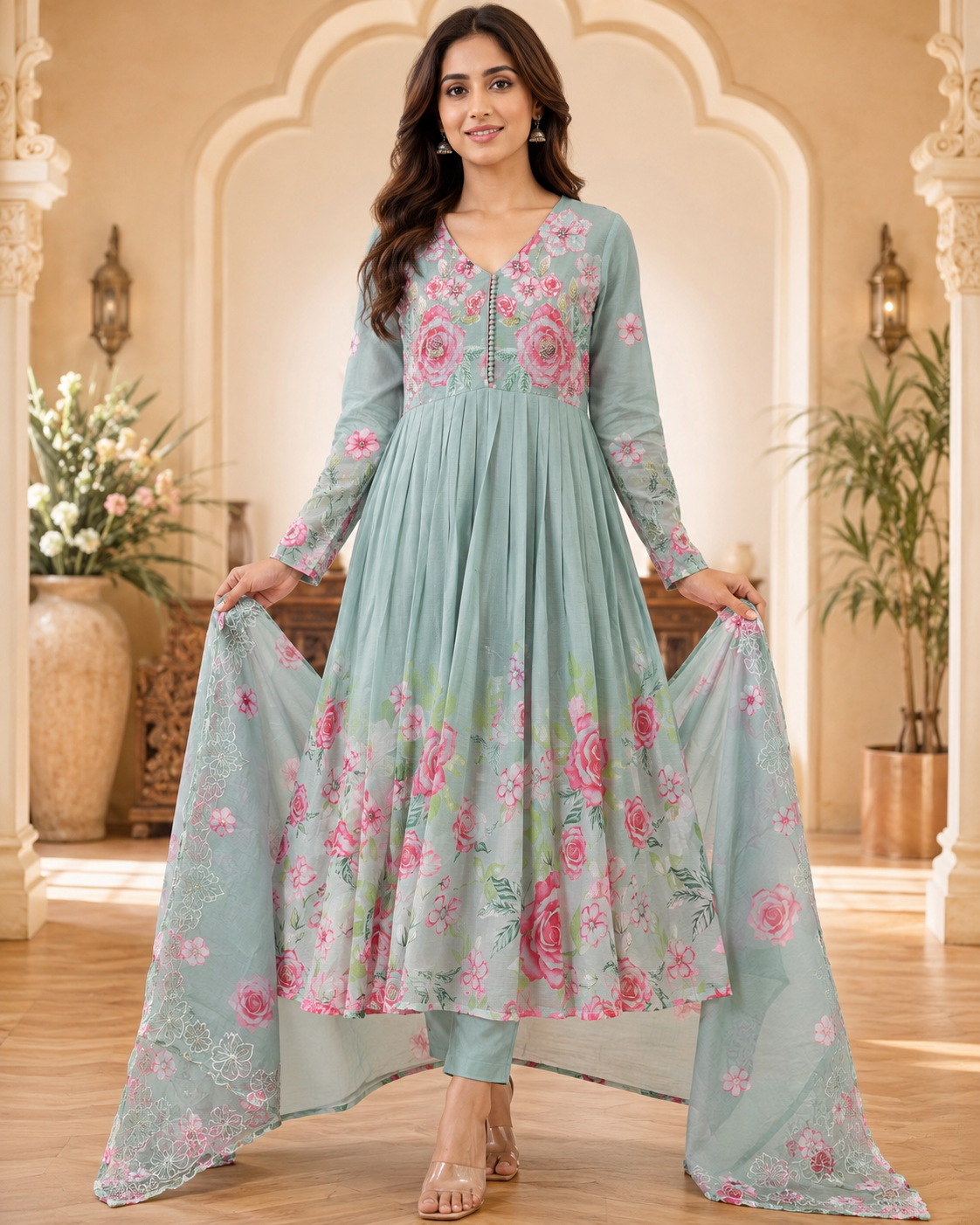 Women's 3-Piece Frock Kurta Set with Palazzo & Dupatta