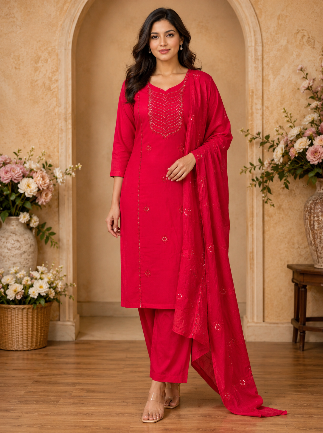 Women's 3-Piece Kurta Set with Palazzo & Dupatta