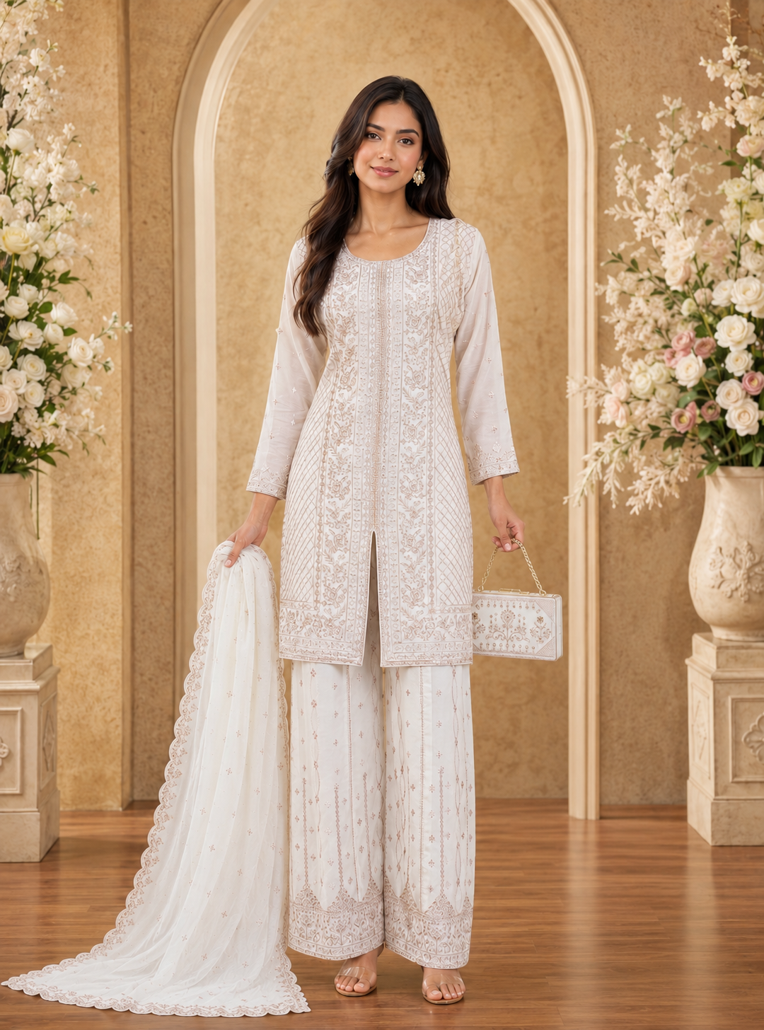 Women's 3-Piece Kurta Set with Palazzo & Dupatta with purse