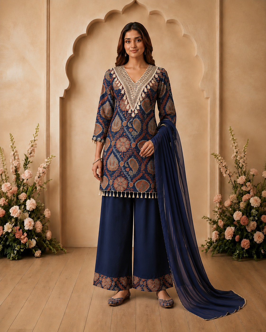 Women's 3-Piece Kurta Set with Farshi Salwar & Dupatta