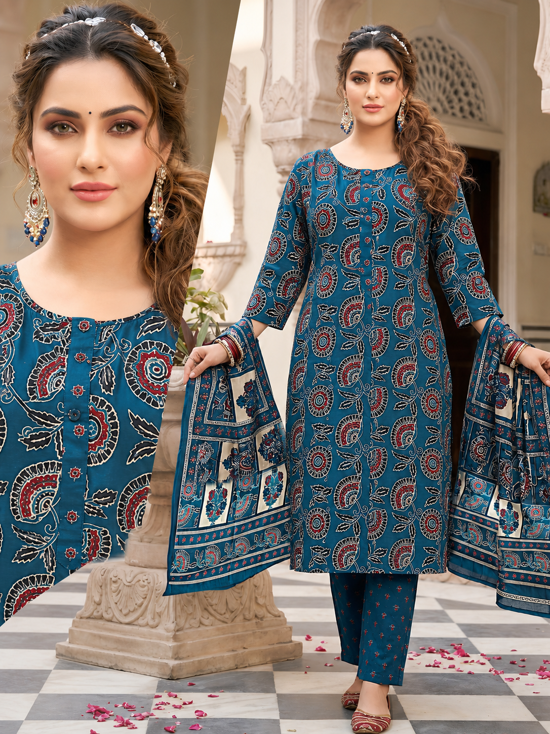Women's 3-Piece Kurta Set with Palazzo & Dupatta
