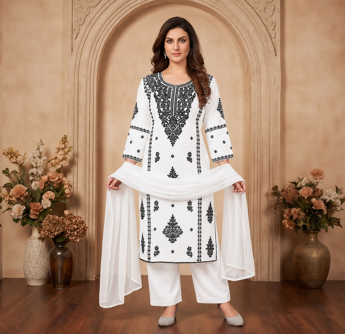Women's 3-Piece Kurta Set with Palazzo & Dupatta