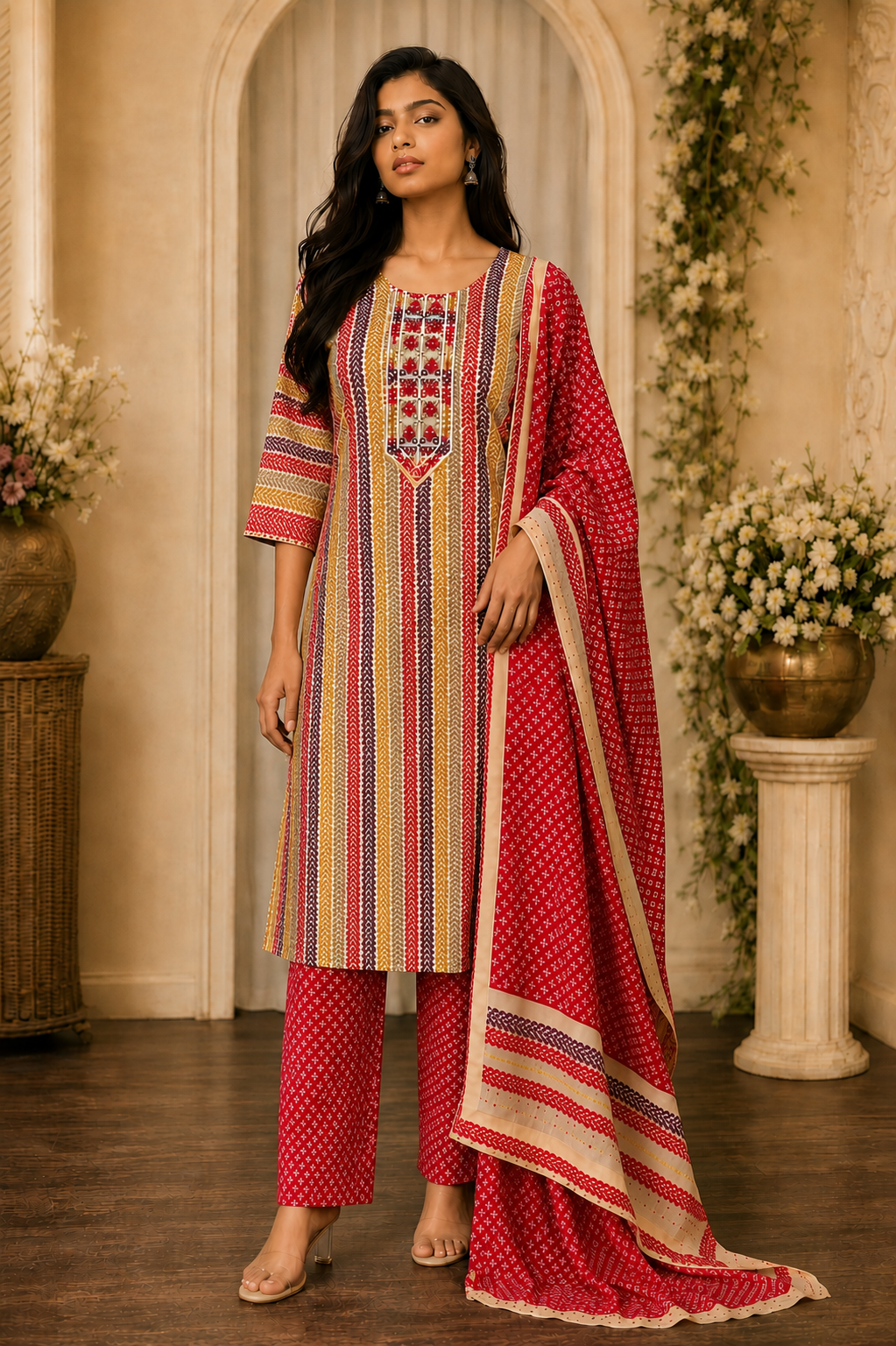 Women's 3-Piece Kurta Set with Palazzo & Dupatta