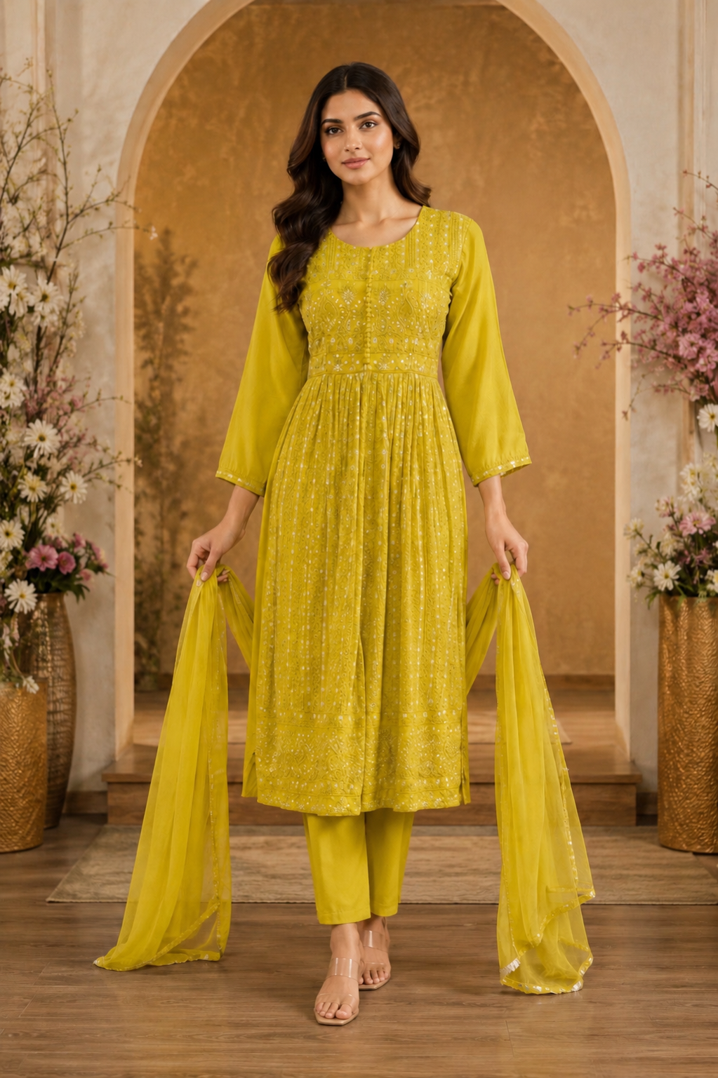 Women's 3-Piece Frock Kurta Set with Palazzo & Dupatta
