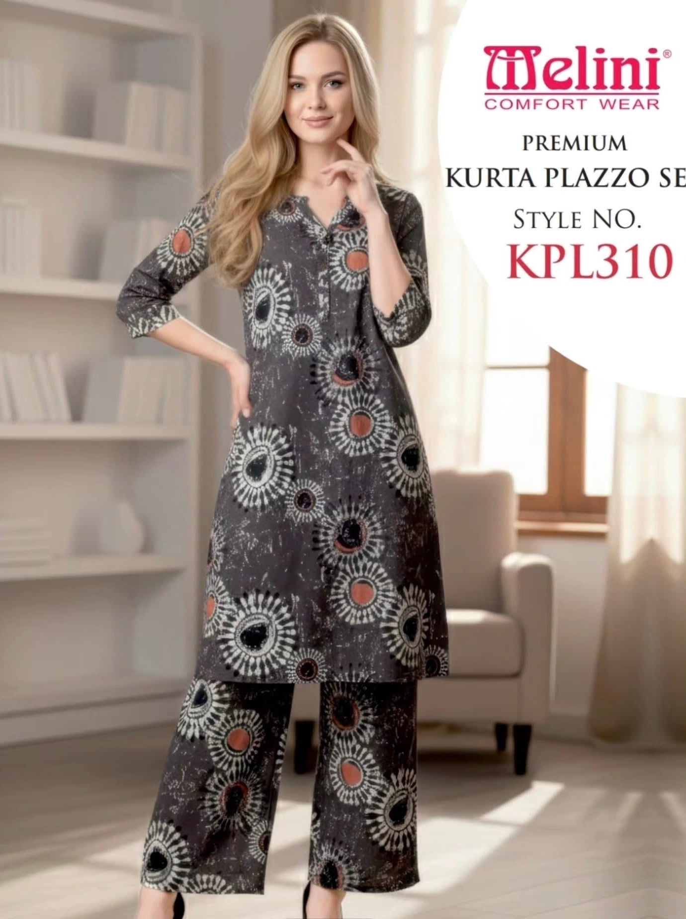 Melini Premium Plazzo Night Suit – Charcoal Grey (L to 3XL)