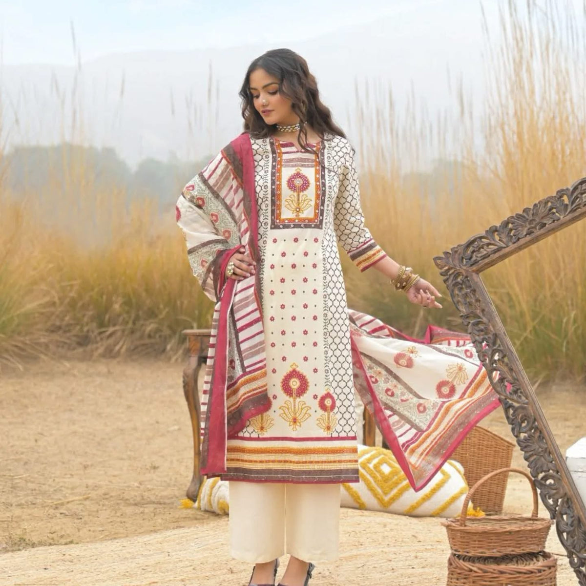 Women's 3-Piece Kurta Set with Palazzo & Dupatta