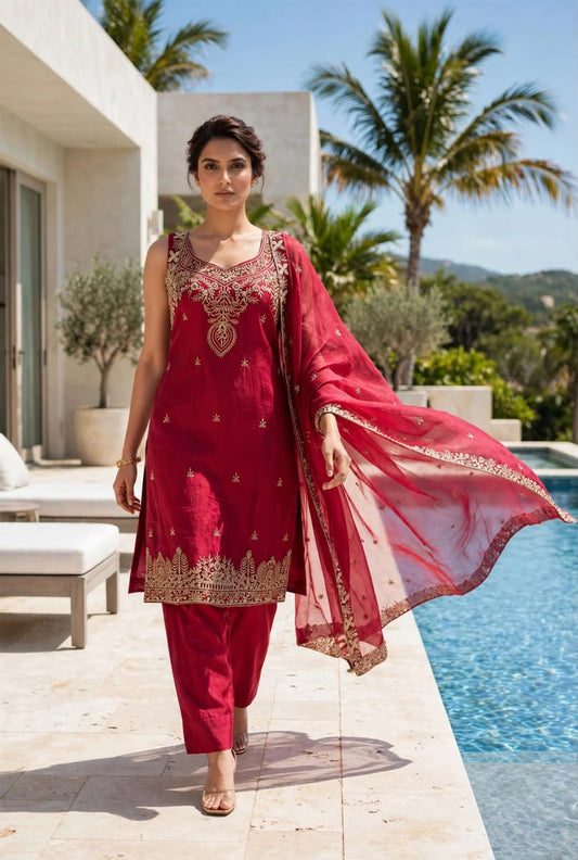 Women's 3-Piece Cut Sleeve Kurta Set with Palazzo, Duppata
