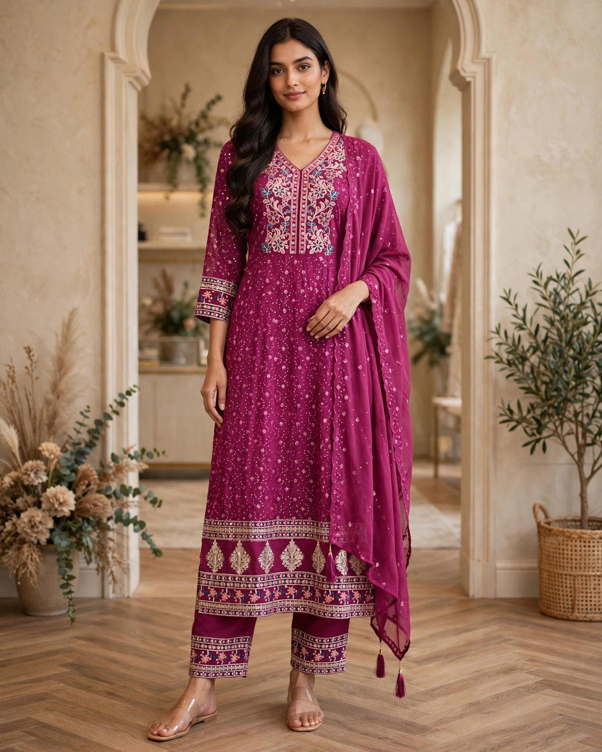 Women's 3-Piece Frock Kurta Set with Palazzo & Dupatta