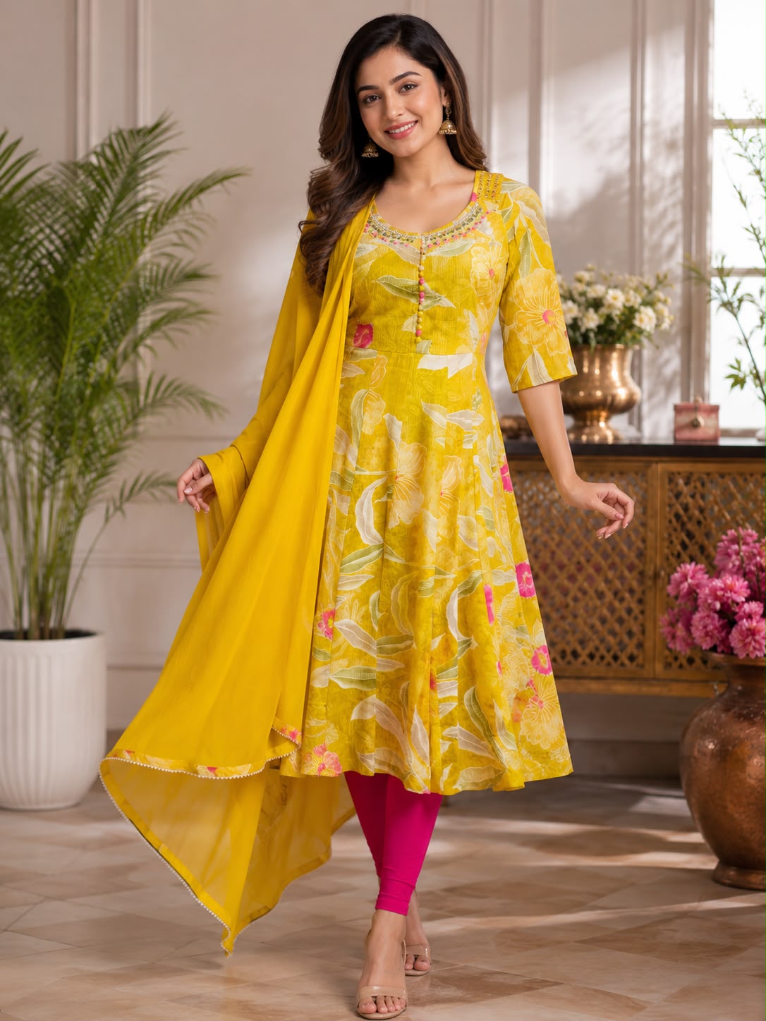 Women's 3-Piece frock Kurta Set with Palazzo & Dupatta