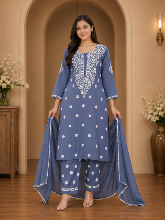 Women's 3-Piece Lakhnawi Kurta Set with Palazzo & Dupatta