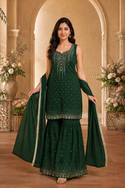 Women's Designer  3-Piece Kurta Set with Sharara & Dupatta