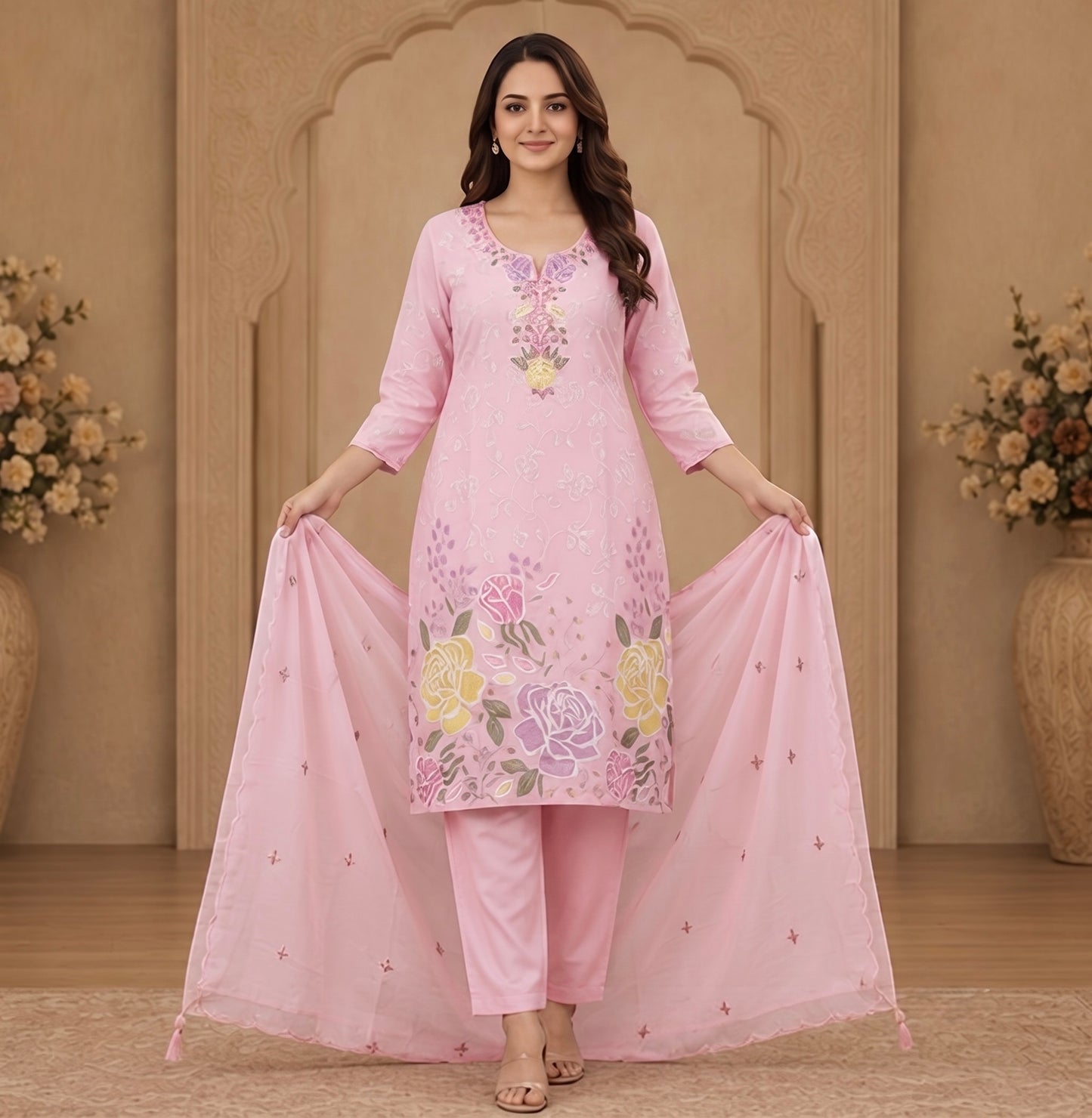 Women's Designer 3-Piece Suit Set – Kurti, Palazzo & Dupatta (Embroidered/Printed) – Party & Festive Wear