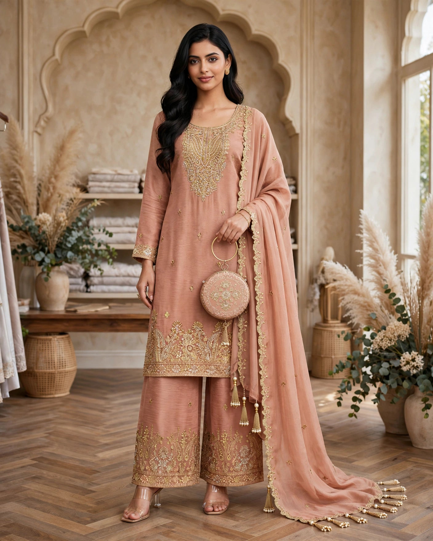 Women's 3-Piece Kurta Set with Palazzo, Duppata And Purse