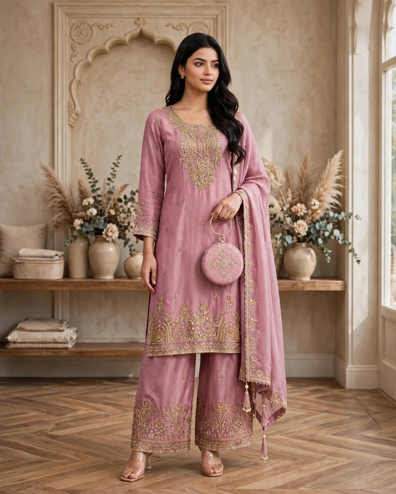Women's 3-Piece Kurta Set with Palazzo, Duppata And Purse