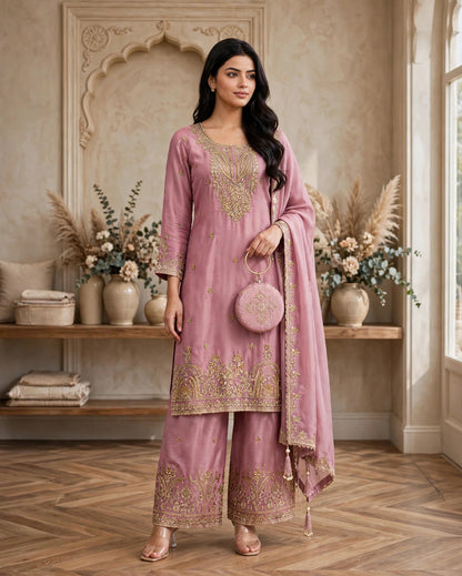 Women's 3-Piece Kurta Set with Palazzo, Duppata And Purse