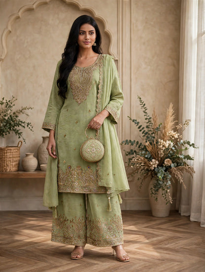 Women's 3-Piece Kurta Set with Palazzo, Duppata And Purse