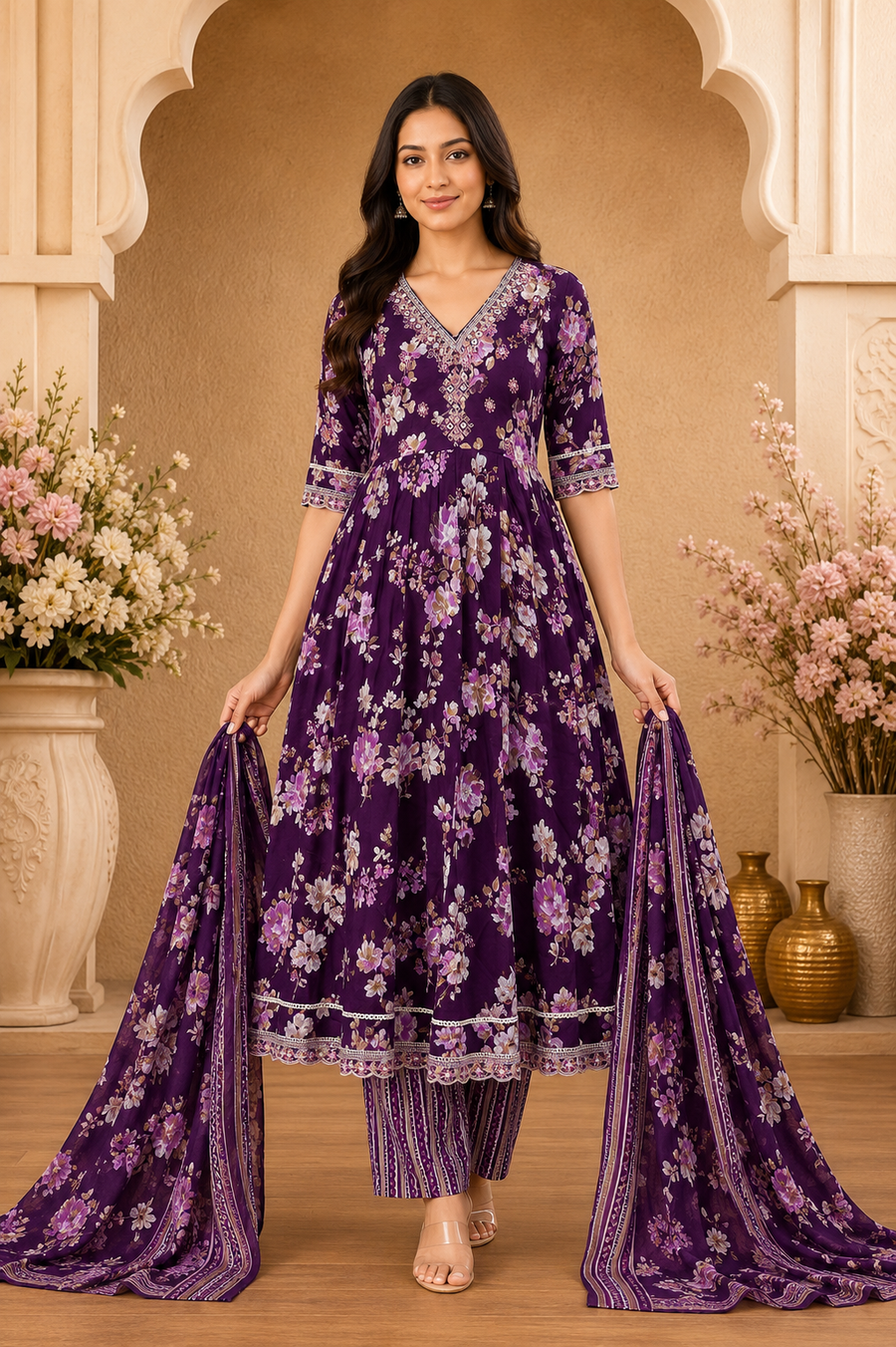 Women's 3-Piece Frock Kurta Set with Palazzo & Dupatta