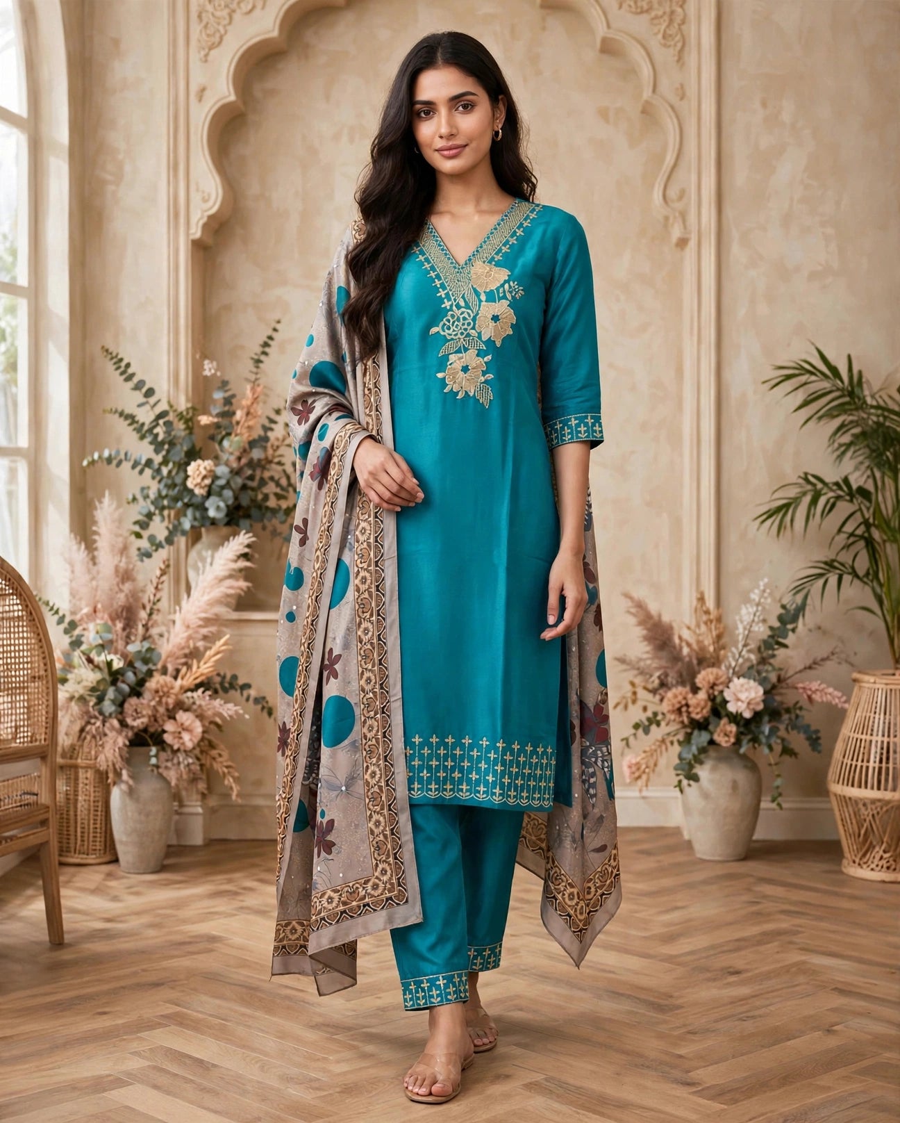 Women's 3-Piece Kurta Set with Palazzo & Dupatta