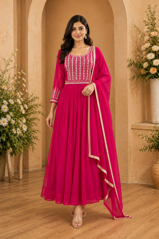 Women's 3-Piece Frock Kurta Set with Palazzo & Dupatta