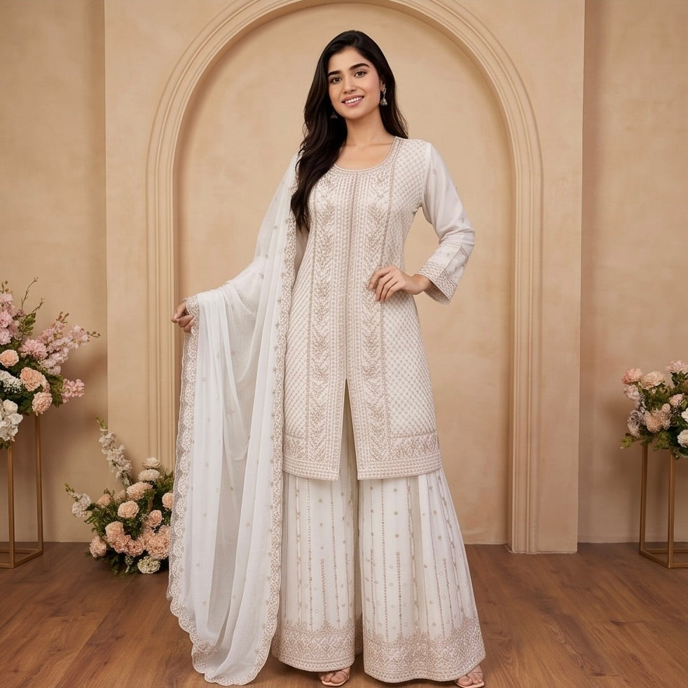 Women's Designer 3-Piece Suit Set – Kurti, Palazzo & Dupatta (Embroidered/Printed) – Party & Festive Wear
