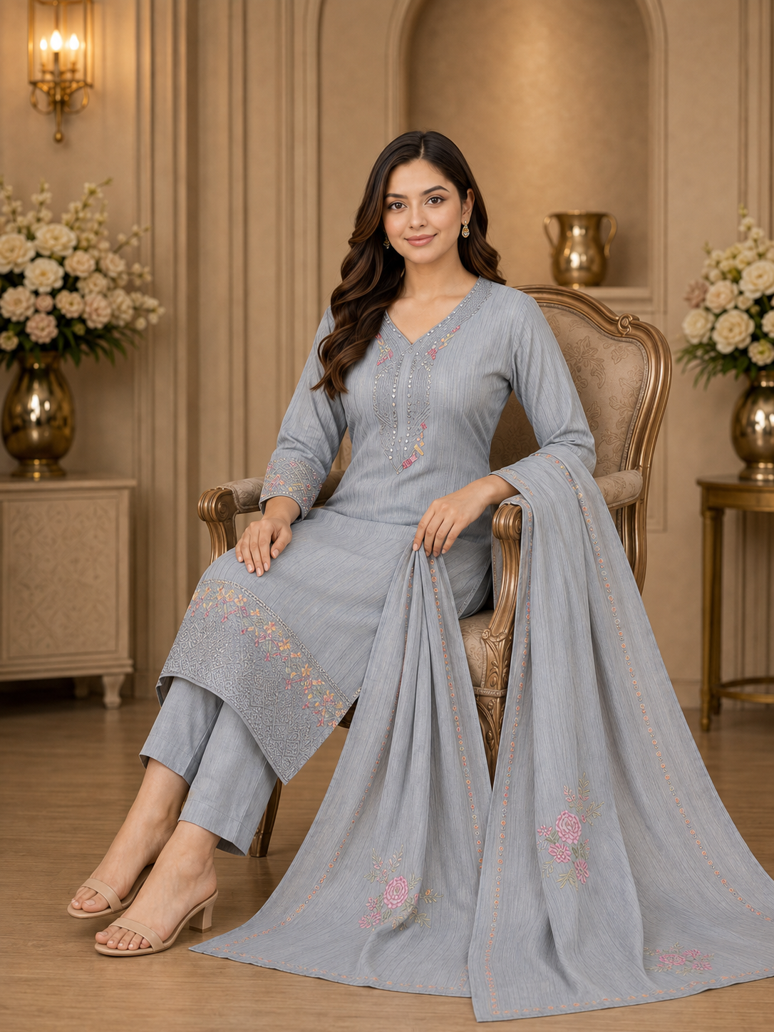 Women's 3-Piece Kurta Set with Palazzo & Dupatta
