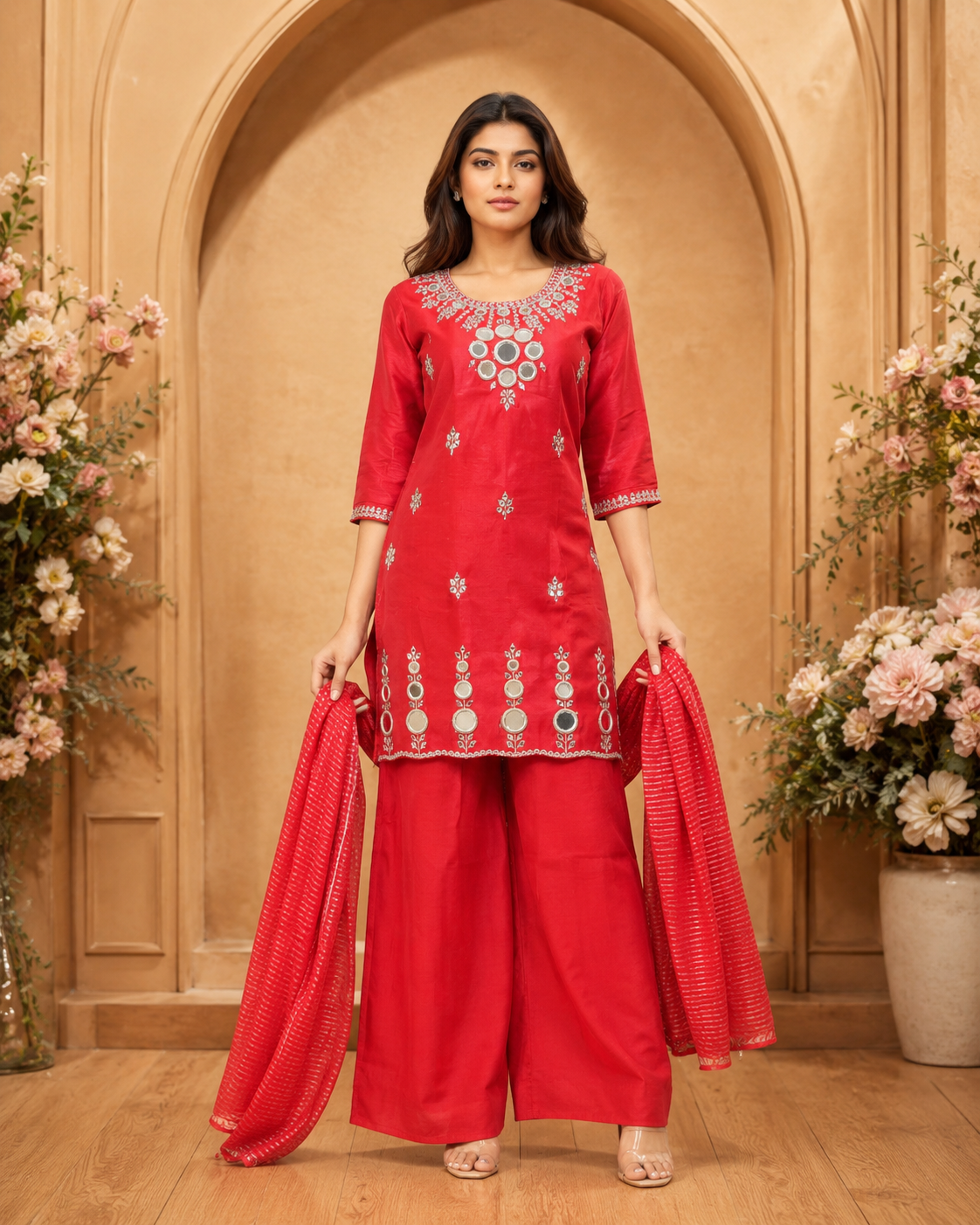 Women's Designer 3-Piece Suit Set – Kurti, Palazzo & Dupatta – Party & Festive Wear