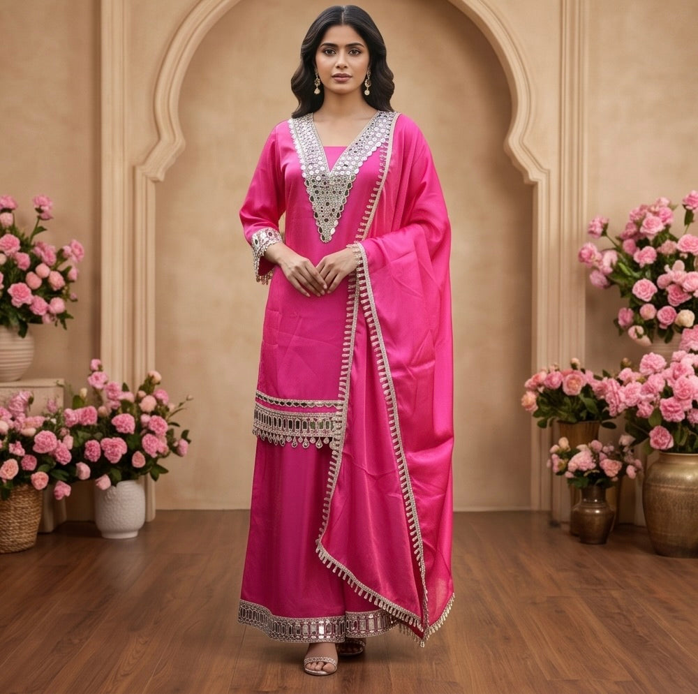 Women's Designer 3-Piece Suit Set – Kurti, Palazzo & Dupatta (Embroidered/Printed) – Party & Festive Wear