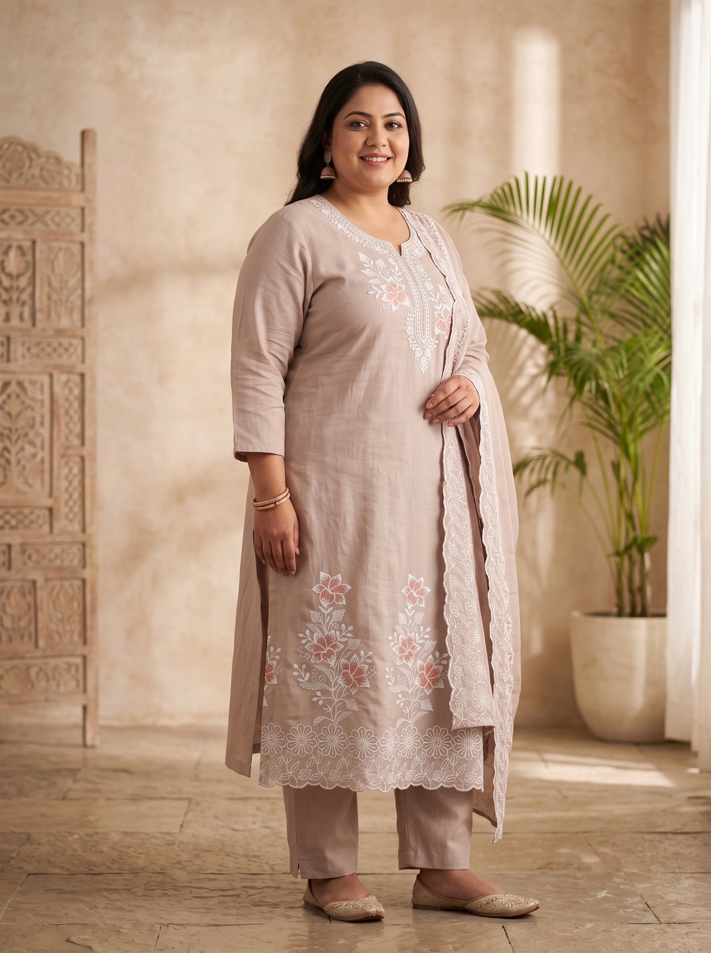Beige Embroidered Kurta Set