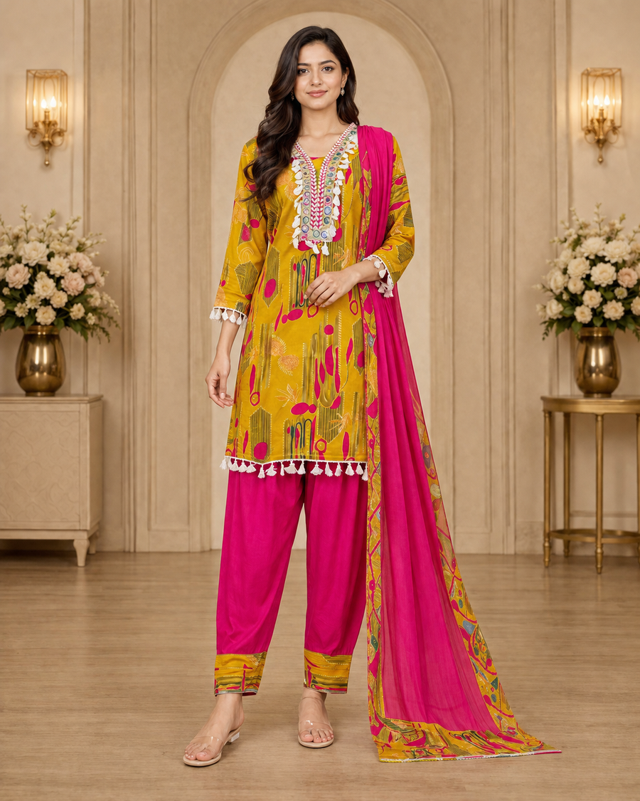 Women's 3-Piece Kurta Set with Farshi Salwar & Dupatta