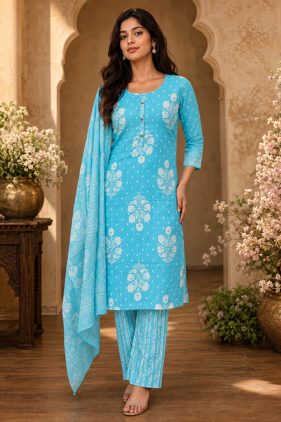 Women's 3-Piece Kurta Set with Palazzo & Dupatta